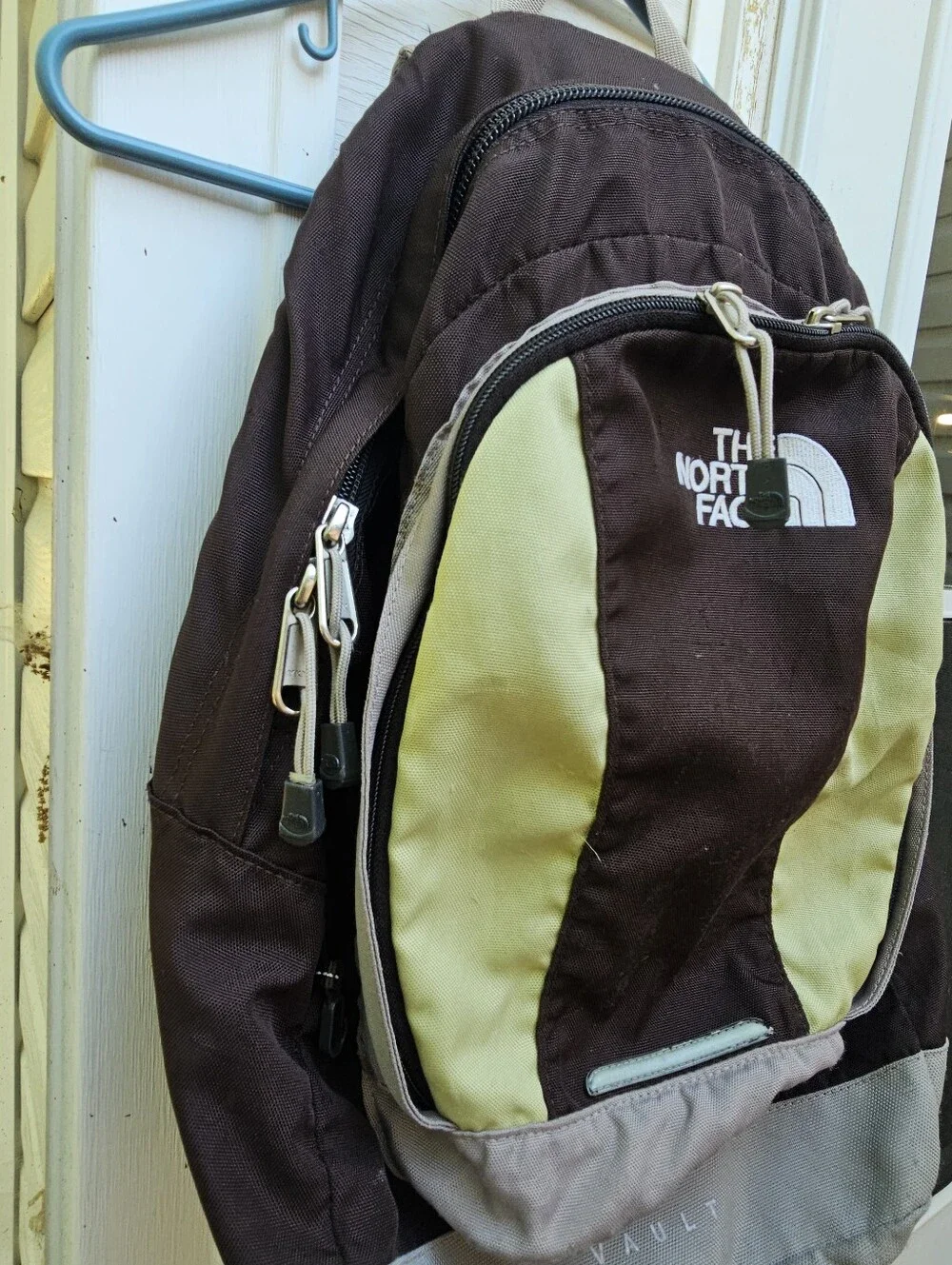 North Face Vault Backpack Brown Lime Green Embroidered Hiking Laptop Flaw Stains